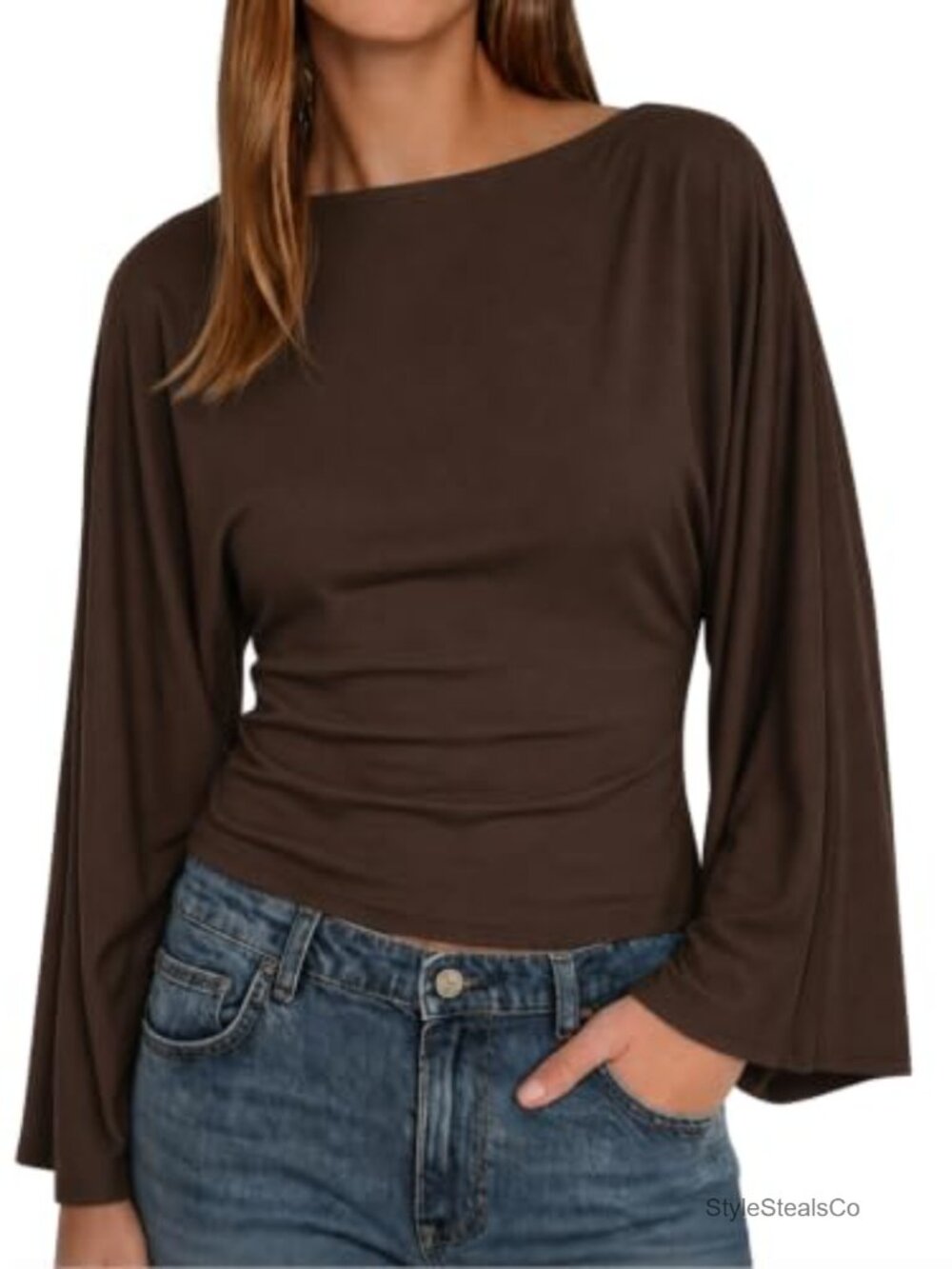 Women's Wrap Top Long Sleeve Boat Neck Tie Back Dolman Sleeve Blouse